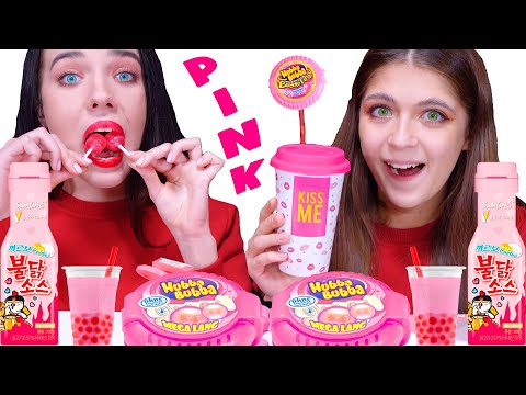 EATING ONLY PINK FOOD (Hubba Bubba Race, Mukbang Fire Spicy Noodle)