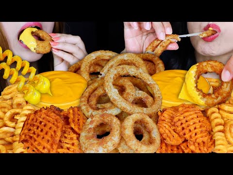 ASMR CHEESY FRIED FOOD FEAST (CRUNCHY ONION RINGS, CURLY FRIES, WAFFLE FRIES) *BEHIND THE SCENES* 먹방