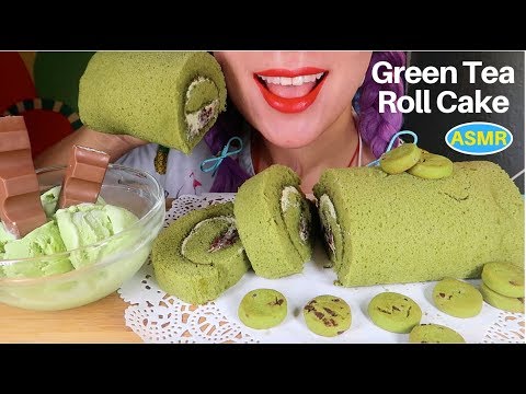 ASMR 그린티 롤 케이크, 그린티 아이스크림 먹방| GREEN TEA ROLL CAKE+ GREEN TEA ICE CREAM  EATING SOUND|CURIE. ASMR