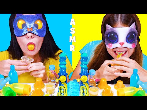 ASMR *BLUE AND YELLOW FOOD* RACE WITH CLOSED EYES, EDIBLE TOOTHPASTE, JELLY CUPS MUKBANG 먹방