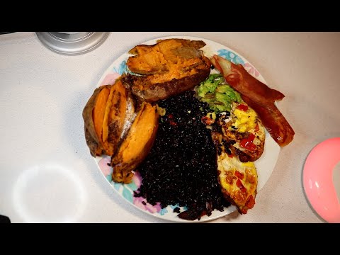 Sweet Potato Black Rice Vegetarian Bacon ASMR Eating Sounds