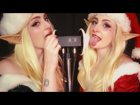 ASMR - Twin Christmas Elf ~Double~ Ear Licking & Kissing (Brain Melting)