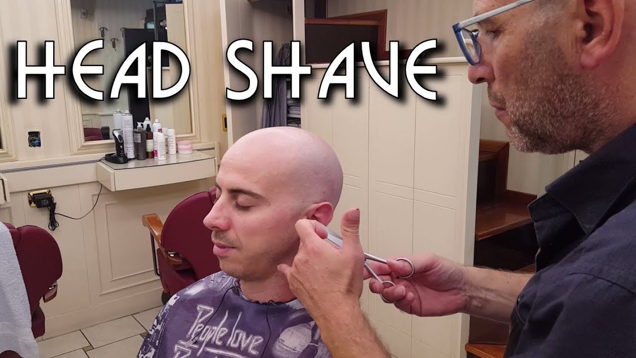 💈 Italian barber -  Head Shave, Shampoo and Ears Hair Eyebrows trimming - ASMR no talking
