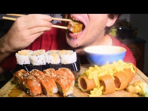 ASMR Sushi Rolls BIG BITE + Mac n Cheese Sauce + White Gourd Drink ( Eating Sounds ) Nomnomsammieboy