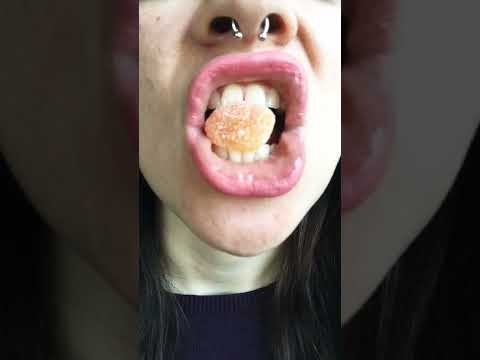 ASMR 🍑🤤 sweet sour patch kids peach Ed teeth chew crush satisfying mouth sunny sounds #shorts