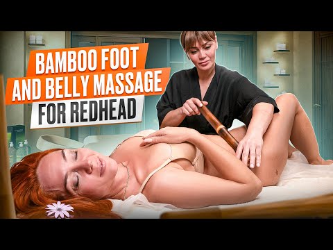 FUNNY ASMR MODELING MASSAGE OF ABDOMEN AND THIGHS WITH BAMBOO STICKS FOR FIERY REDHEAD GIRL