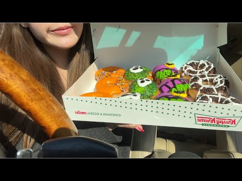 ASMR Chaotic Krispy Kreme Haunted Dozen (eating + tapping) in car