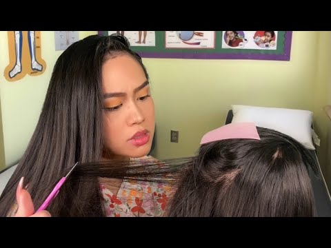 ASMR School Nurse Lice Check + Treatment on Mean Girl (scalp check, scratching, gum chewing, sassy)