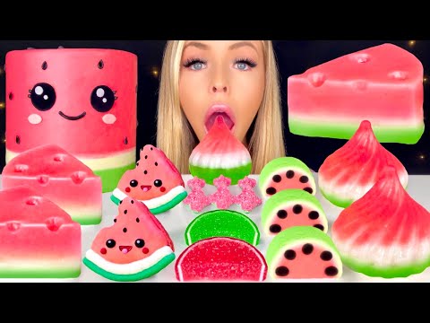 ASMR WATERMELON CHEESECAKE JELLY, MARSHMALLOW, WATERMELON CAKE, BOBA, GUMMY SHARK MUKBANG 먹방 꿀벌