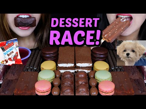 ASMR LEFTOVER DESSERT RACE WITH OUR PUPPY? KINDER BONS,  FERRERO DUPLO, CHOCOLATE CAKE, MACARONS 먹방
