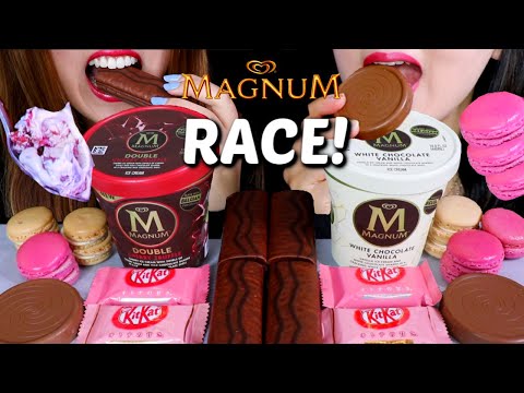 ASMR MAGNUM ICE CREAM RACE EATING CHALLENGE (STRAWBERRY KITKATS, CHOCOLATE MARSHMALLOW CAKES) 먹방