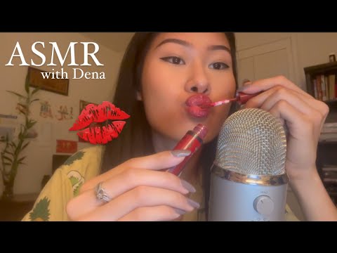 asmr - putting on lip glosses & lipsticks 💋(pumping, kisses, mouth sounds)