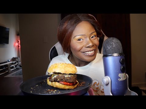 Spicy Teriyaki Homemade Vegetarian Cheese Burger  With Roasted Peppers ASMR Eating Sounds