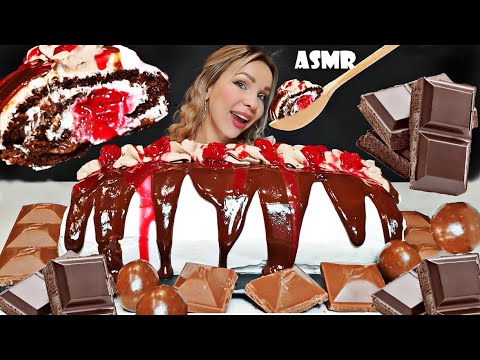 ASMR: BLACK FOREST ROLL CAKE ( Eating Sounds, Chocolate Dessert Mukbang) Oli ASMR