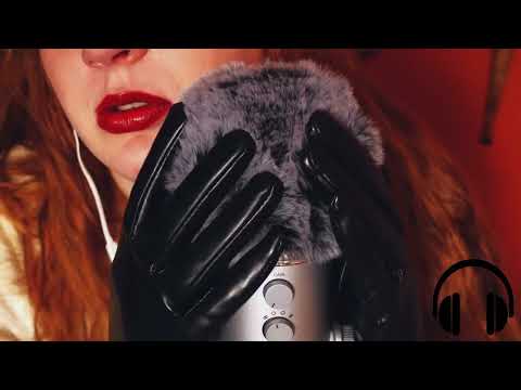 asmr scratching fluffy mic with leather gloves and unintelligible whispers ( mouth sounds, brushing)