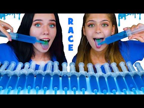ASMR BLUE Jello Shooter Race Challenge with MOST POPULAR SOUR CANDY