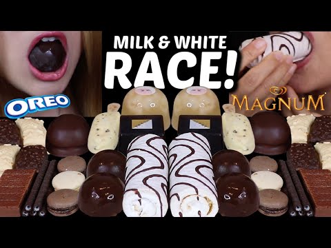 ASMR MILK & WHITE CHOCOLATE RACE! ZEBRA CAKE, MINI MAGNUM, ICE CREAM BON BONS, MARSHMALLOW, JELLY 먹방