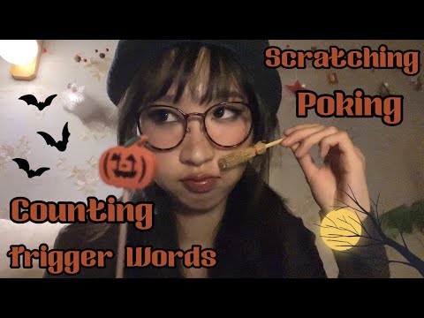 ASMR real camera Scratching, Poking(mouth sounds, trigger words, counting)with Halloween items