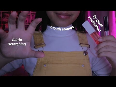 asmr lip gloss application, fabric scratching, and mouth sounds with hand movements (carl's cv)