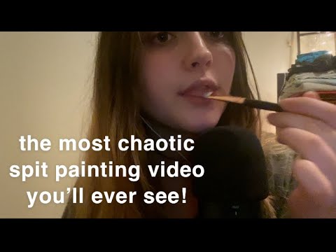 ASMR | CHAOTIC SPIT PAINTING  (eating paintbrush, mouth sounds, tongue clicking)