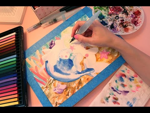 Painting Popplio and Primarina with Watercolours (ASMR softly spoken/whispering)