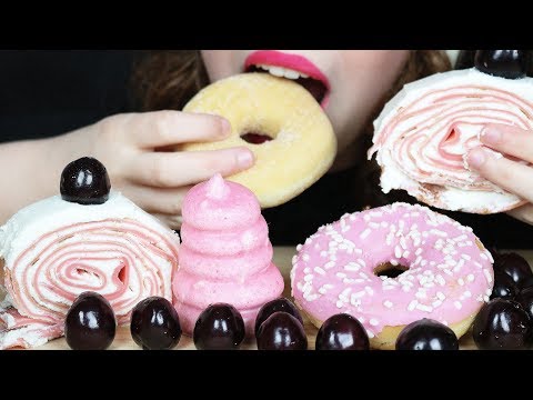 ASMR CAKE DONUTS, CREPE ROLL &  SOFT PINK DESSERTS (Eating Sounds) 먹방 No Talking