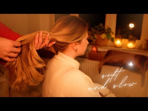 ASMR whispered 😴 super slow & soft real person hair pulling, brushing & massage w/o ambient music