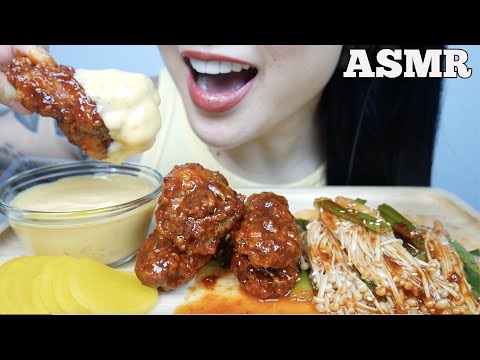 ASMR KOREAN FRIED CHICKEN + SPICY ENOKI MUSHROOM + CHEESE SAUCE (EATING SOUNDS) NO TALKING SAS-ASMR