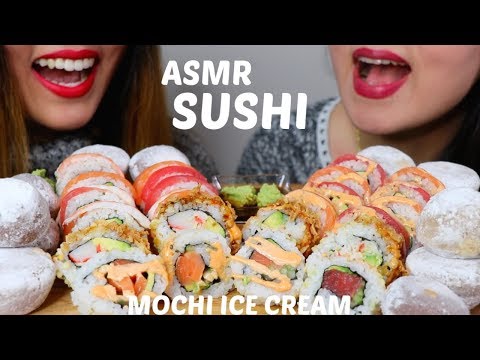 ASMR SUSHI + MOCHI ICE CREAM 초밥 리얼사운드 먹방 寿司 सुशी | Kim&Liz ASMR