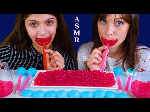 ASMR POPPING BOBA WITH WAX LIPS CANDY, TROLLI GUMMY BALLS, UFO WAFERS EATING SOUND