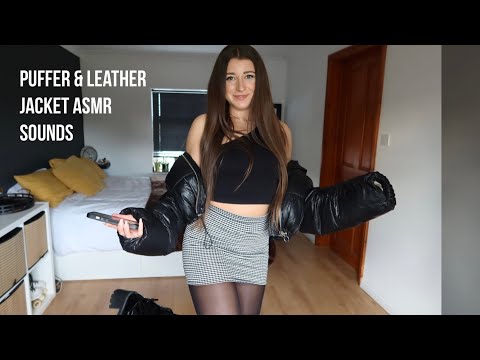 Leather Jacket, Puffer & tights fabric sounds ASMR tapping and rubbing