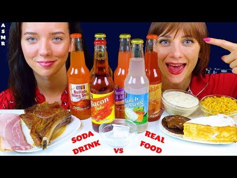 ASMR SODA DRINK VS REAL FOOD CHALLENGE (Sweet Corn, Buffalo Wing, Ranch Dressing, Bacon)