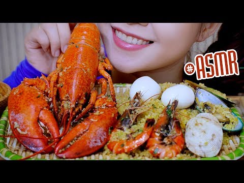 ASMR eating Fried rice with Lobster and seafood , Soft boiled egg , EATING SOUNDS | LINH-ASMR