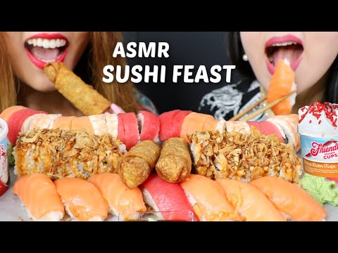 ASMR SUSHI FEAST + ICE CREAM SUNDAES (Nigiri, Rainbow Roll, Crunchy Roll) 리얼사운드 먹방 寿司 | Kim&Liz ASMR