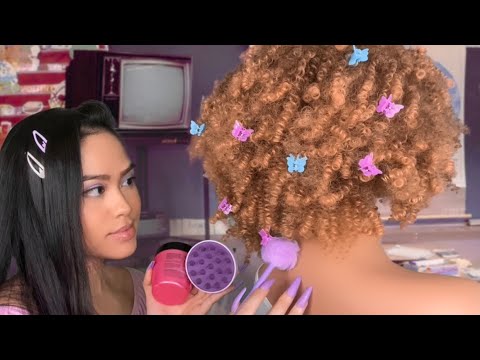 ASMR 90s Girl Plays With Your Hair (Scalp Massage, Oil, Back Scratch, Curly) In Class RP - light gum