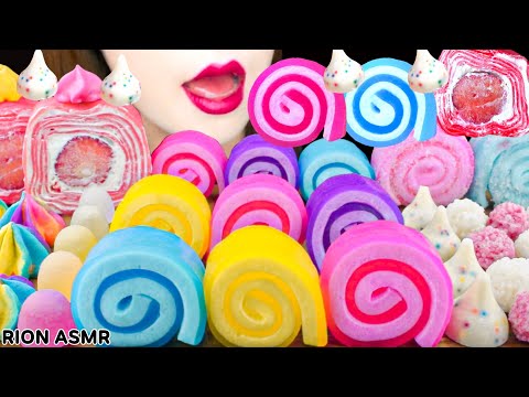 【ASMR】COLORFUL JELLY ROLL UPS,STRAWBERRY CREPE CAKE,HERSHEY’S KISS MUKBANG 먹방 EATING SOUNDS