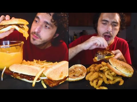 asmr eating CHEESY MCDONALDS vs BURGER KING * mcrib burgers fries onion rings cheese mukbang *