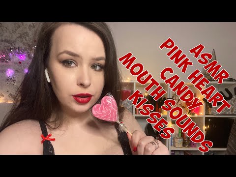 ASMR pink heart lollipop licking with red lipstick