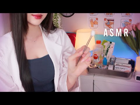 ASMR(Sub) Korean Tsundere School Nurse Roleplay / Disinfection, Thermometer, Hand massage, Patting