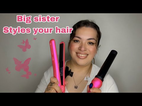 ASMR| Big sister styles your hair on her day off- straightening & curling