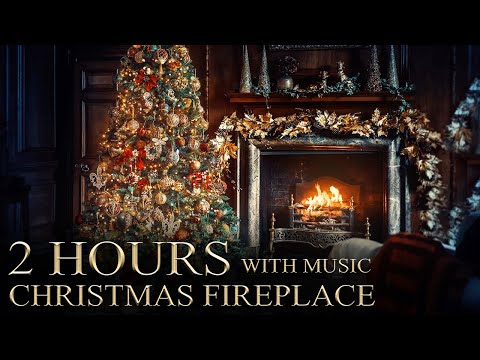(4K UHD) Beautiful Christmas Fireplace 🎄 2 Hours Ambience ASMR with Fire crackling + Music