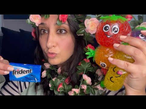 ASMR Reverse Bubble Blowing and Gum Snapping/ Squeezing Squishies Sounds/ Tropical Theme Triggers