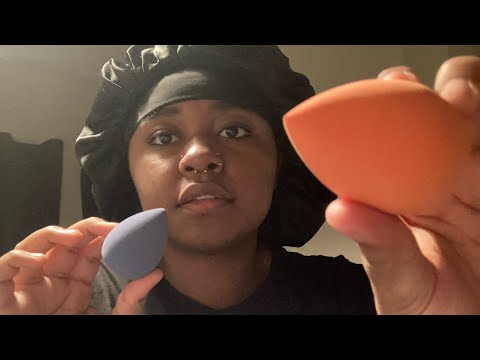 ASMR repeating trigger words while patting your face with beauty blenders 💞💖🌸