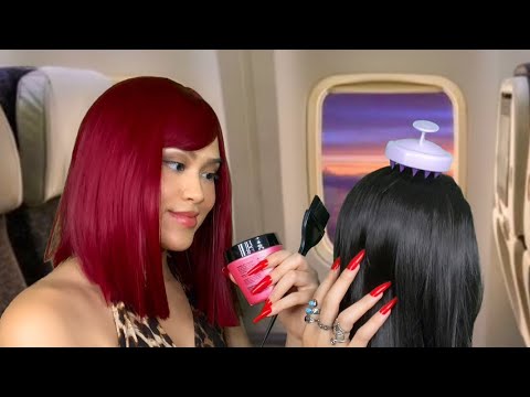 ASMR Jersey Lady On the Airplane Does Your Hair (+ makeup, neck & scalp massage) ✈️ gum chewing rp