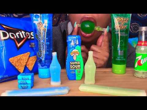 ASMR | Blue VS Green Food 💙💚 Jelly Fruit, Squeeze Candy, Nik-L-Nips Wax Sticks & Bottles, Doritos