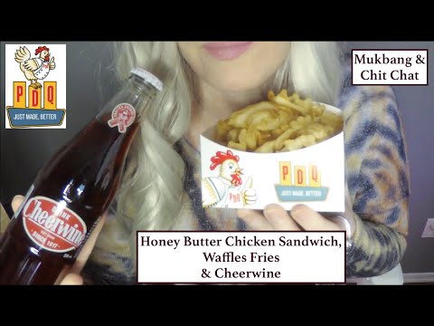 ASMR Mukbang PDQ Honey Butter Chicken Sandwich, Waffle Fries & Cheerwine | Whispered Chit Chat.