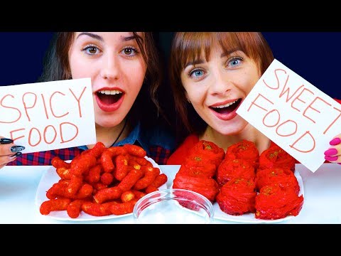 ASMR SPICY FOOD VS SWEET FOOD (FIRE NOODLES, HOT CHEETOS, GUMMY NOODLES)