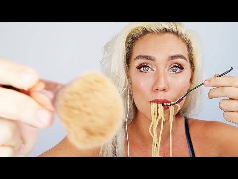 ASMR Doing Your Makeup + Eating Noodle Soup TINGLES ( Binaural,Whispered,Realaxing,BrushingSounds)