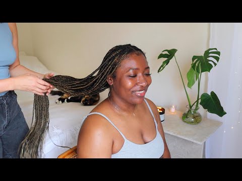 ASMR long braids hair play, gua sha, massage on Tremayne (unintentional, soft spoken)