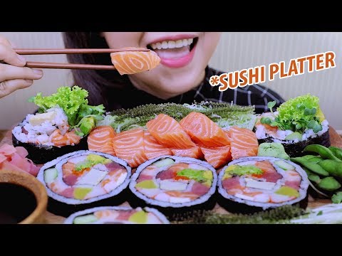 ASMR Sushi Platter (Raw Salmon , Giant sushi roll) chewy EATING SOUNDS | LINH-ASMR